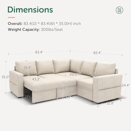 HONBAY Modular Sectional Sleeper Sofa with Pull Out Bed, L Shaped Couch with ...