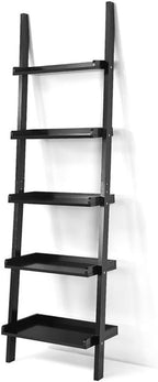 Pemberly Row 5-Tier MDF Ladder Shelves, Black Finish, 74.5" H x 13" W x 23" L, Wall-Leaning Design, Contemporary Storage Unit for Living Room, Study, or Bathroom Decor