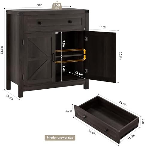 HOSTACK Kitchen Storage Cabinet, Farmhouse Coffee Bar Cabinet, Dark Brown