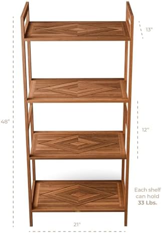 Teak Wood 4-Tier Shelving Unit, Waterproof, Leveling Feet, Teak Oil Finish
