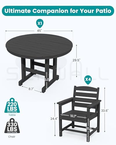 SERWALL 5-Piece HDPE Round Dining Set, 45" Table, 4 Chairs, Black