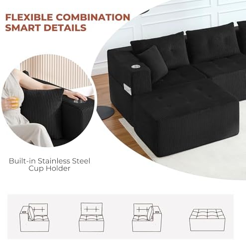 73" Loveseat Modular Sectional Sofa, Oversized 2-Seater Boneless Tufted Cloud Couch with Cup Holder, Corduroy Upholstery Small Couches for Living Room, No Assembly Black