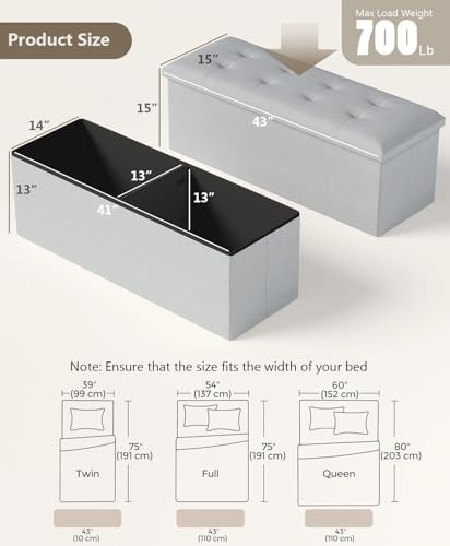 OS MOTOR Folding Storage Ottoman Bench, Light Gray, 43 Inches | Multi-Functio...