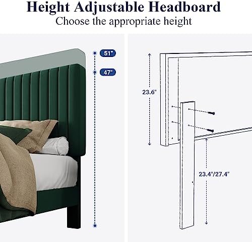 Allewie King Bed Frame, Velvet Upholstered Platform Bed with Adjustable Verti...