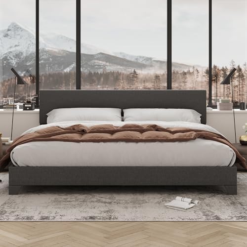 Allewie King Size Upholstered Bed Frame Adjustable Headboard, Dark Grey