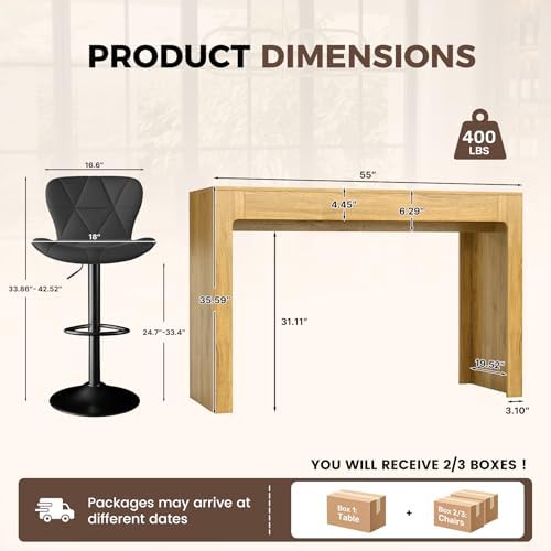 Miereirl 3-Piece Counter Height Bar Table Set, 55 Inch Oak Pub Dining Table &...