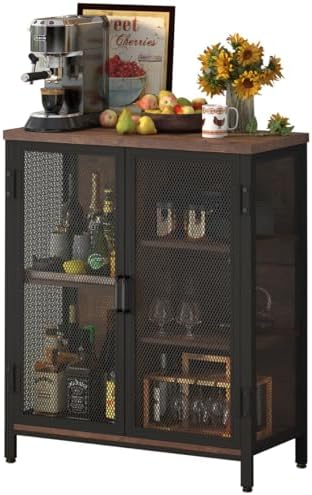 BON AUGURE Small Coffee Bar Cabinet, Liquor Storage, Rustic Oak, 2-Doors