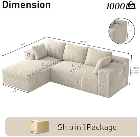 ONEMMLION 96" L-Shaped Cloud Couch Sofa with Chaise, Beige White | Cordu...