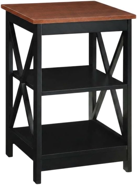 Furnifact Cherry/Black End Table with Shelves, Transitional Coastal Style, Du...