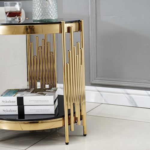 Luxury Glass Circular Coffee Table Set of 3, Black Glass Coffee Table and 2 B...