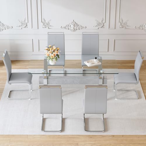 71" Glass Dining Table Set for 6｜Modern Dining Table Set for 6 with Faux...