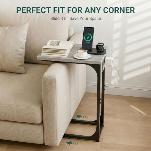 TEMI C Shaped End Table for Couch with Charging Station, Small Side Table TV ...