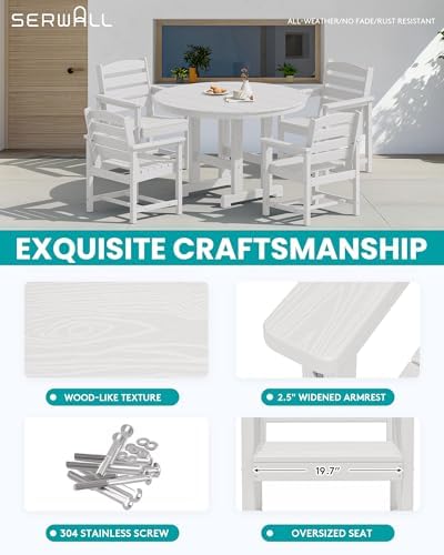 SERWALL 5-Piece Patio Dining Set, 45" Round Table, 4 Chairs, White