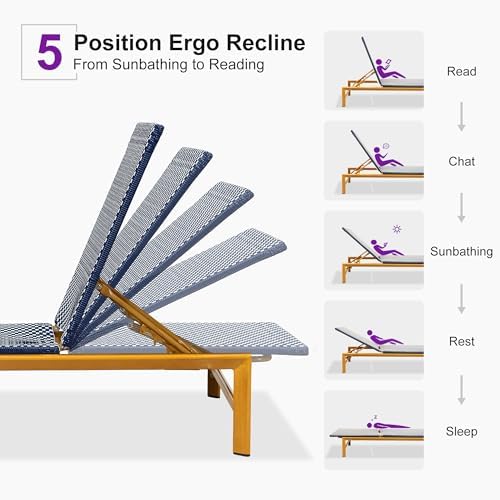 PURPLE LEAF 1 Piece French Patio Chaise Lounge Rattan Teak Frame, Navy | All-...
