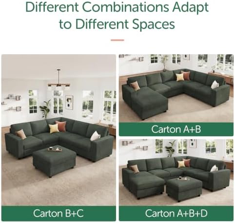 HONBAY Corduroy Sectional Sofa with Storage Ottoman, 6 Seaters L Shaped Small...