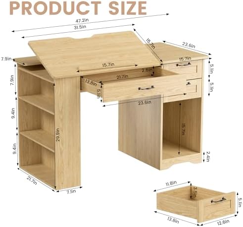 Drafting Table with Storage Cabinet & Drawers, Adjustable Drawing Desk wi...