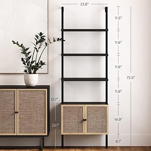 Nathan James Theo Modern Bookcase with Rattan Cabinet in Matte Black and Ligh...
