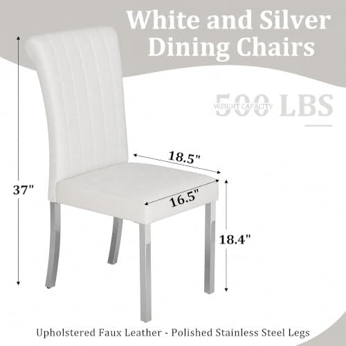 ACEDÉCOR White Faux Leather Dining Chairs Set of 8 with Silver Metal Legs