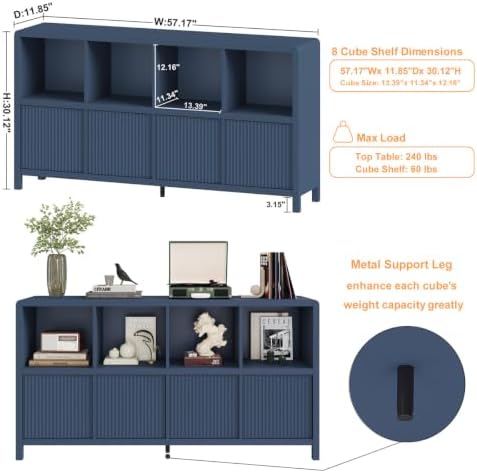 FATORRI 8 Cube Bookcase with 4 Doors, 57 Inch Wooden Bookshelf with Storage C...