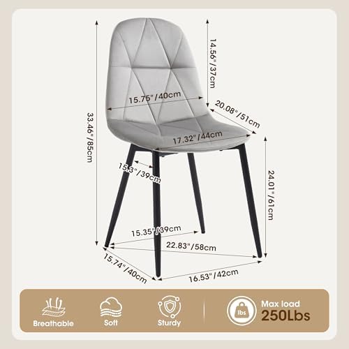 Light Gray Velvet Dining Chairs Set of 4, Modern Upholstered Kitchen & Di...