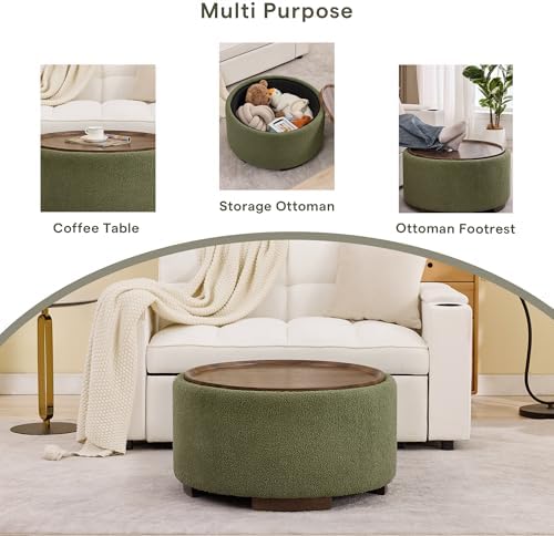 29.5 Inch Round Storage Ottoman Coffee Table, Green Teddy | Modern Circle Cof...