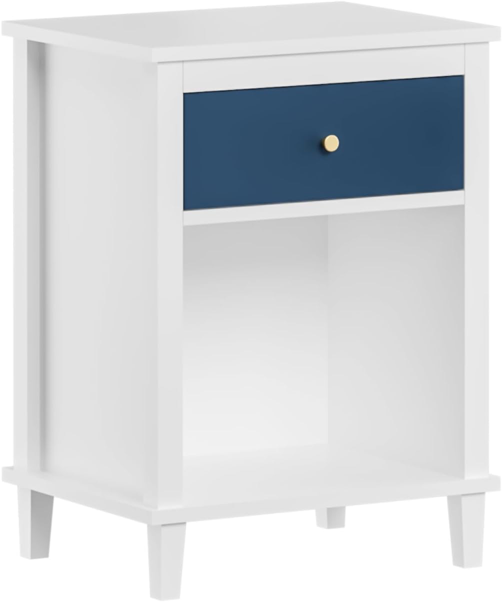 Kids Nightstand with Drawer and Shelf, Wood Bedside Table, Navy Blue | Kids nightstand with drawer and open shelf keeps books, toys, and bedtime essentials organized and within easy reach.