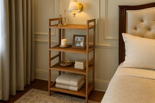 Teak Wood 4-Tier Shelving Unit, Waterproof, Leveling Feet, Teak Oil Finish