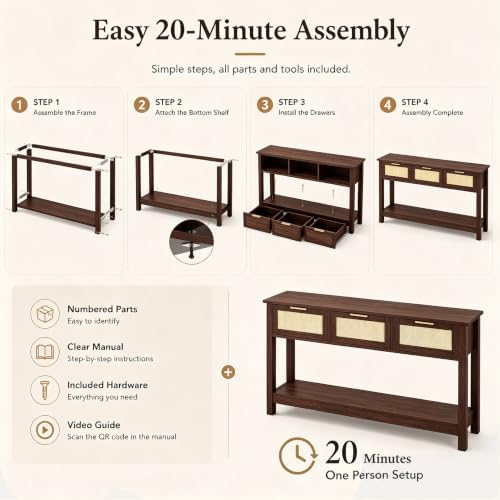 Luoxiao Console Table for Entryway with 3 Rattan Drawers Storage Open Shelf |...