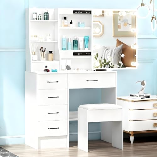 Vanity Desk with Mirror and Lights, 6 Drawers 6 Shelves 1 Stool & Sildeab...