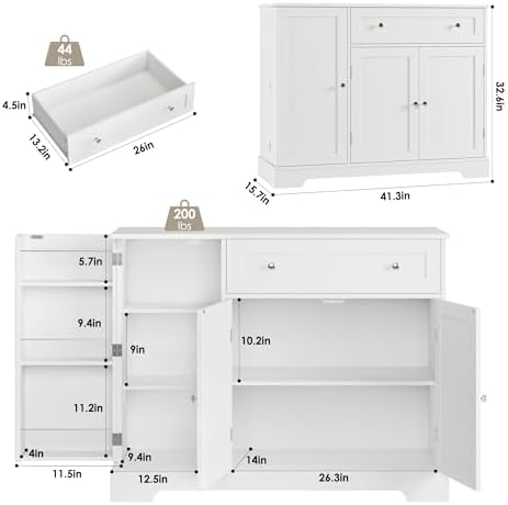 HOSTACK 41" W Kitchen Sideboard Buffet Cabinet, Small Coffee Bar, White
