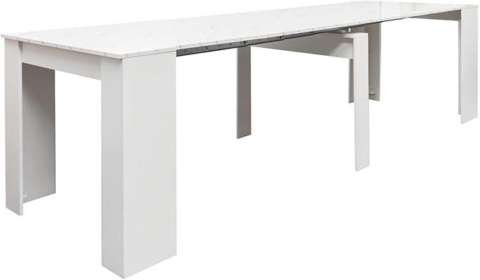 KEIKI 20”-118.5”L Extendable Foldable Dining Room Table for 1-10 People, Wood Modern Rustic Rectangle Expandable Kitchen Living Meeting Room Furniture, 6 Tabletop Length Options, Marble White
