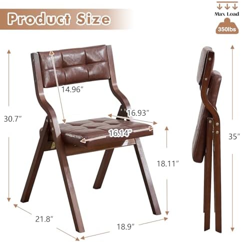 2-Pack Folding Dining Chairs with Cushion,Faux Leather Padded Foldable Dining Chairs,Portable Wooden Folding Chairs for Dining Rooms Kitchen Wedding and Party Indoor Brown