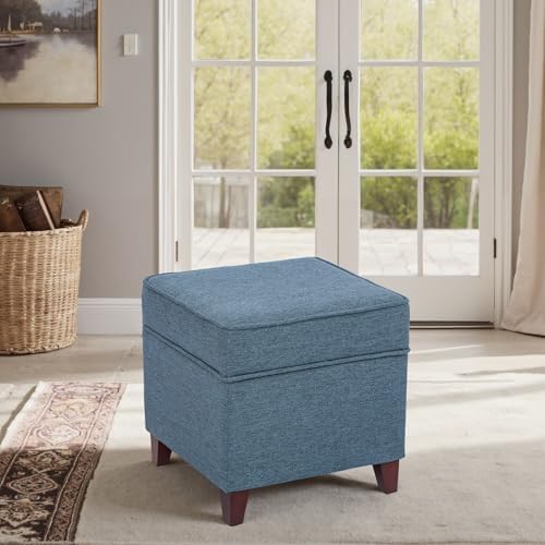 Adeco 17" Square Ottoman with Storage, Small Blue Storage Ottoman Foot R...
