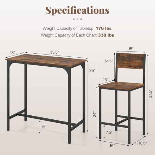 Tangkula 3 Piece Counter Height Bar Table Set, Pub Table & Chairs Set of 2