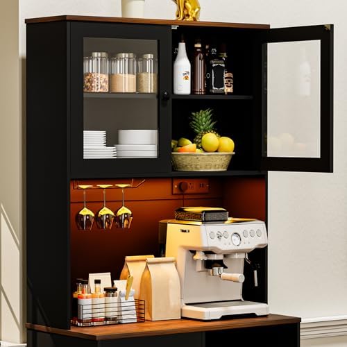 71‘’Kitchen Pantry Storage Cabinet with LED Lights and Power Outlet, Tall Far...