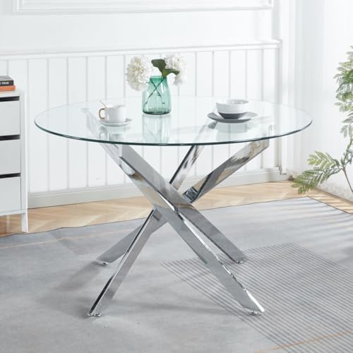 Henf 5 Piece Round Glass Dining Table Set for 4, Modern 47" Round Dining Table & Chair Set Circle Glass Kitchen Table and 4 Velvet Tufted Chairs for Kitchen Dining (Silver Table & Blue Chair)