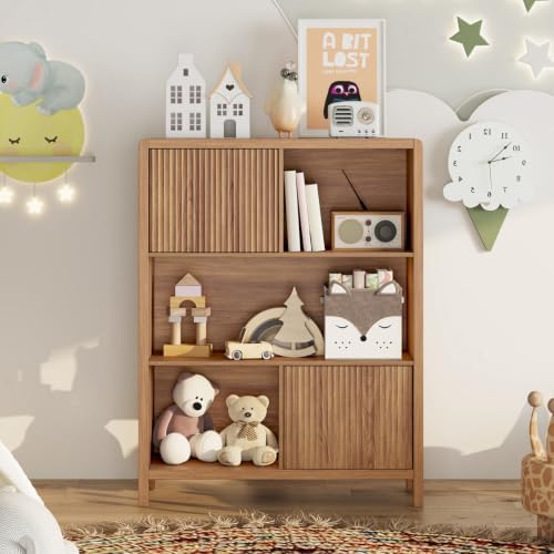 FATORRI Bookshelf with Open and Hidden Storage, 5 Cube Bookcase with 2 Doors,...