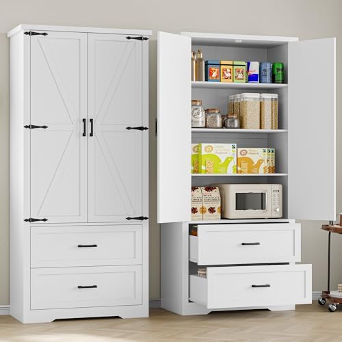 BORNOON Pantry Organizers and Storage Cabinet, 71” Barn Door White Kitchen Ca...