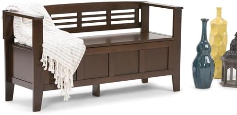 SIMPLIHOME Adams 48" Wide Solid Wood Storage Bench in Medium Brown