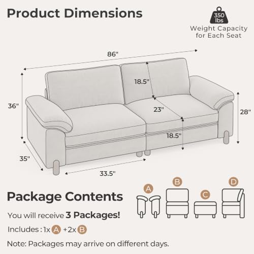 SITJOY Cloud Couch Sectional, 2 Seater Loveseat Chenille in Light Gray | Deta...