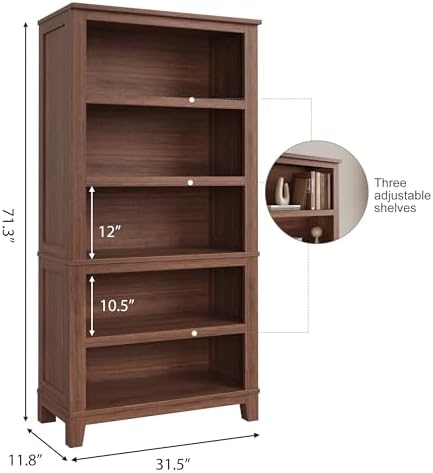 71" Farmhouse Bookcase, 5-Tier Tall Bookshelf with Adjustable Shelves