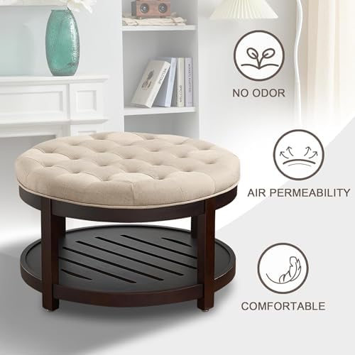 adochr Round Coffee Tables for Living Room,33’’ Storage Ottoman with Wooden Tray, Upholstered Ottoman Footrest, Light Brown
