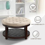 adochr Round Coffee Tables for Living Room,33’’ Storage Ottoman with Wooden Tray, Upholstered Ottoman Footrest, Light Brown