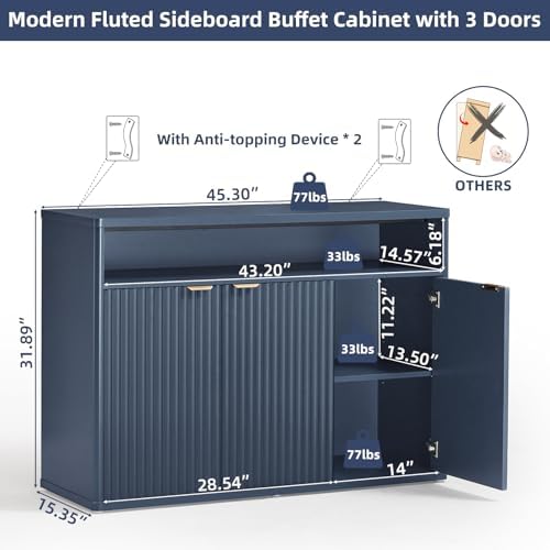 LEYAOYAO 45-Inch Fluted Buffet Cabinet with 3 Doors,Dark Blue