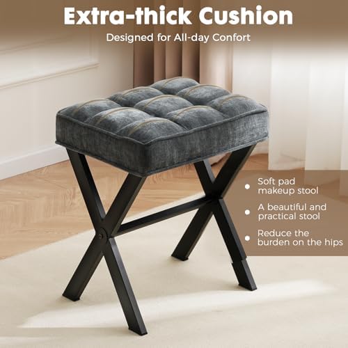 Makeup Chair, Modern Luxury Vanity Stool with Linen Plush Seat | Compact X Ba...