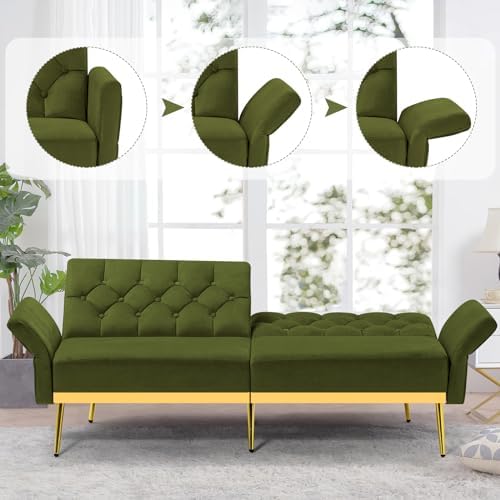Velvet Sofa Set w/Adjustable Armrests & Backrests, Olive Green | Tufted A...