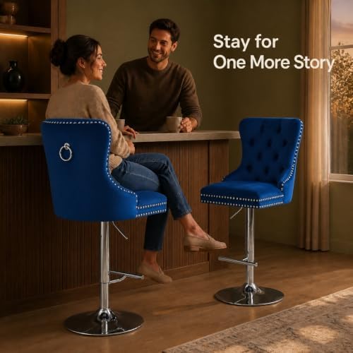 Blue Modern Swivel Bar Stools Set of 2, Velvet Counter Height Bar Stools for ...