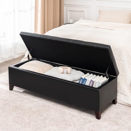Black Ottoman with Storage Faux Leather Storage Ottoman Bench | 51 Inch Uphol...