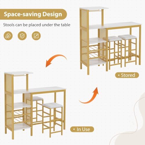 VECELO Bar Table and Chairs Set for 2, Dining Set with Storage Shelves