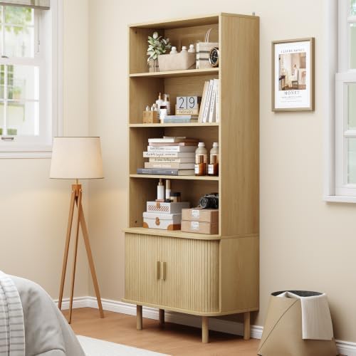 ONBRILL 71" Bookshelf with Sliding Door, Bookcase Storage Cabinet, Oak